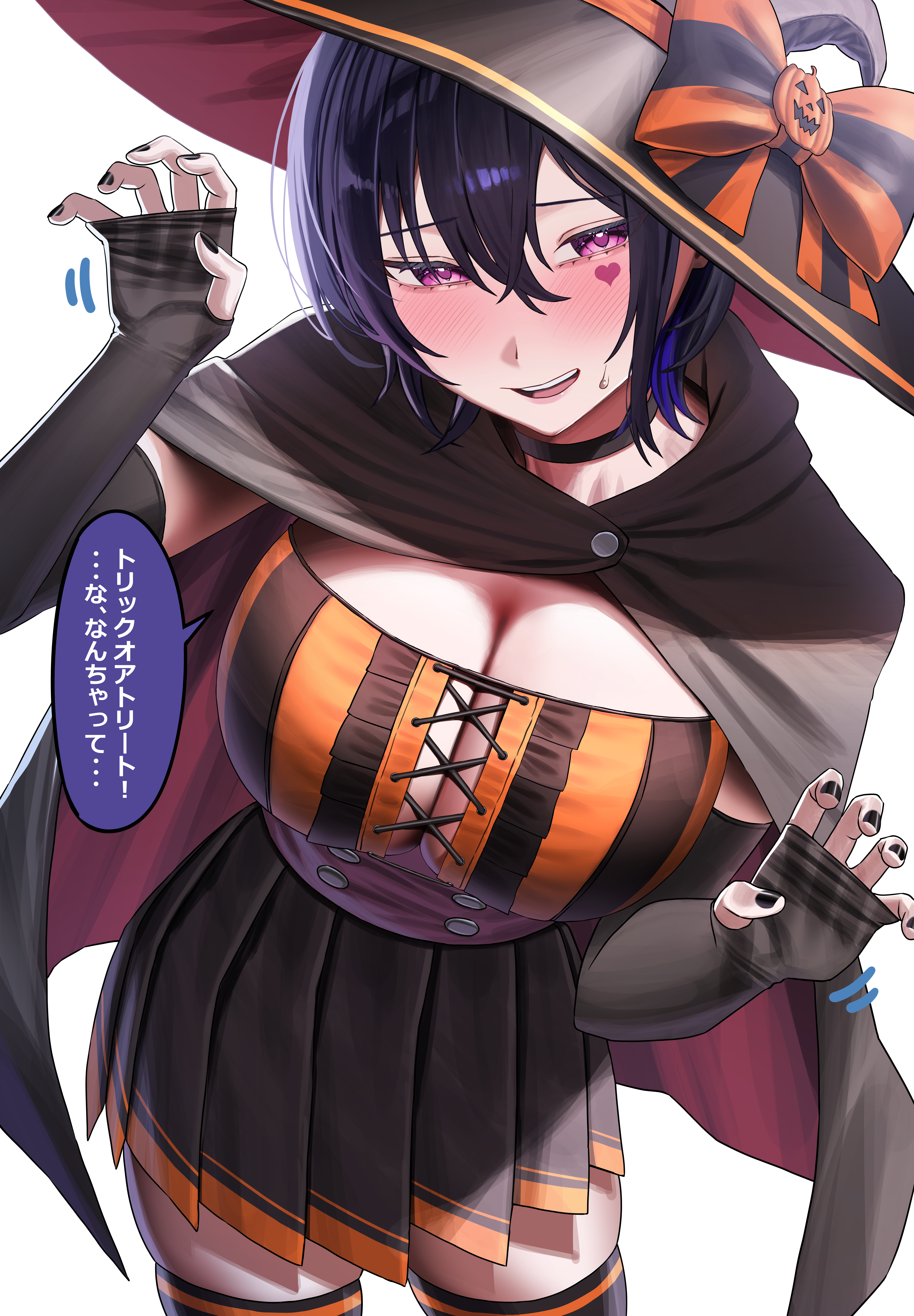 eden (edenaldojj), ichinose uruha, vspo!, absurdres, highres, 1girl, alternate breast size (larger), bandeau, black bow, black choker, black cloak, black gloves, black hair, black hat, black skirt, black thighhighs, blue hair, bow, breasts, brown tube top, buttons, center frills, center opening, choker, cleavage, cloak, colored inner hair, contrapposto, corset, cowboy shot, cross-laced clothes, cross-laced top, double-breasted, elbow gloves, frills, gloves, gradient hair, hair between eyes, halloween, hat, hat bow, head tilt, heart on cheek, large breasts, looking at viewer, miniskirt, multicolored hair, open mouth, orange bow, orange tube top, partially fingerless gloves, pink corset, pleated skirt, purple eyes, purple hair, short hair, simple background, skindentation, skirt, sleeves past wrists, smile, solo, speech bubble, strapless, sweatdrop, thighhighs, tube top, two-tone bow, vertical-striped tube top, virtual youtuber, white background, witch, zettai ryouiki