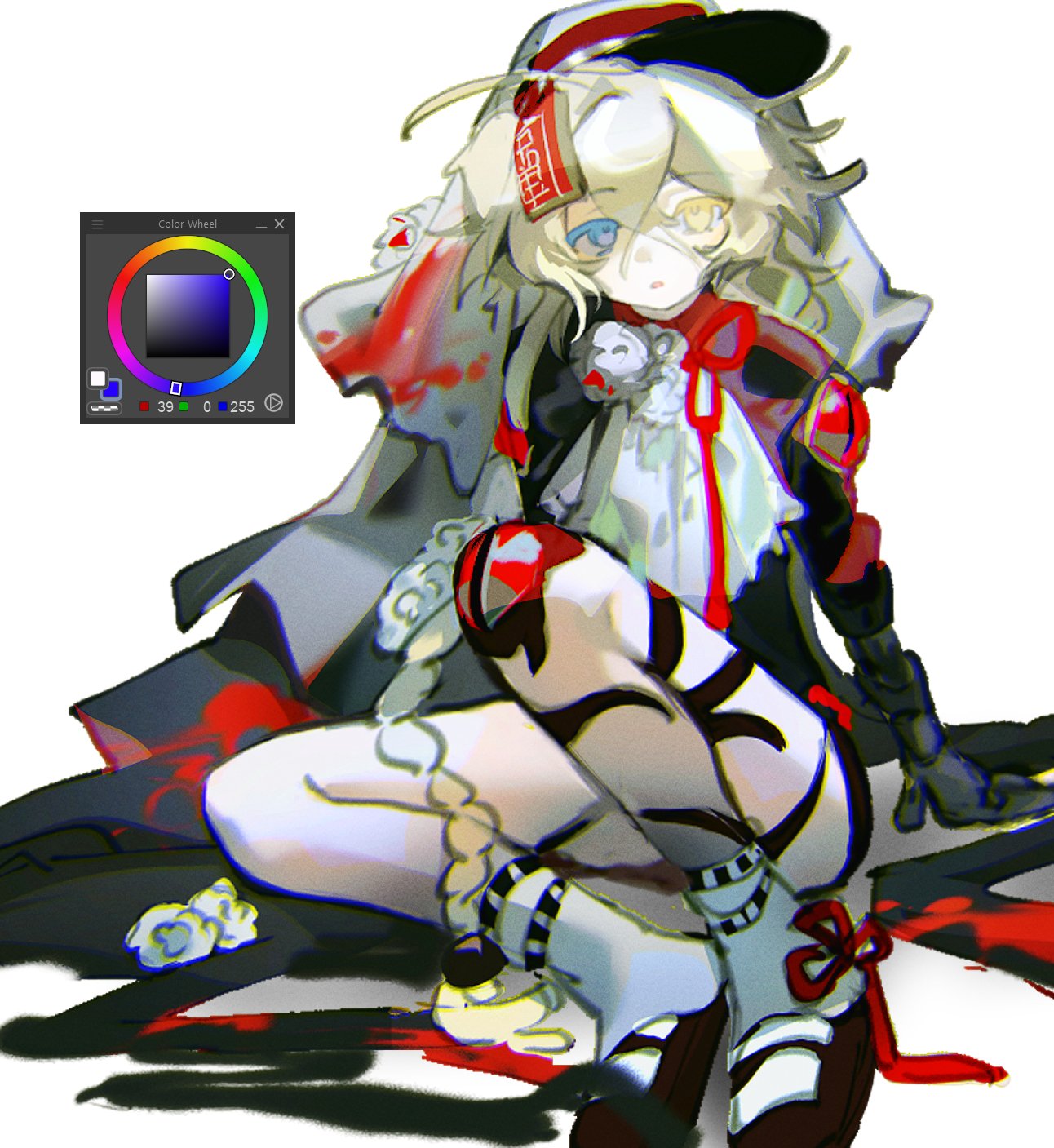 cloud (lufaeris), original, highres, 1boy, art program in frame, black jacket, black shoes, blue eyes, cape, crossed bangs, full body, grey cape, grey hair, hair between eyes, heterochromia, jacket, long hair, looking at viewer, male focus, open mouth, shoes, simple background, sitting, socks, solo, white background, white socks, yellow eyes