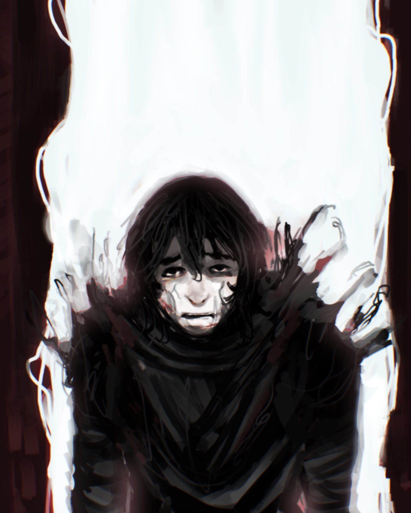 sunny (shadow slave), shadow slave, highres, 1boy, backlighting, beacon, black hair, black scarf, black shirt, blood, blood on face, cracked skin, disintegration, double-parted bangs, hair between eyes, looking at viewer, male focus, mystichromatic, narrowed eyes, scarf, shirt, short hair, solo, upper body, worried