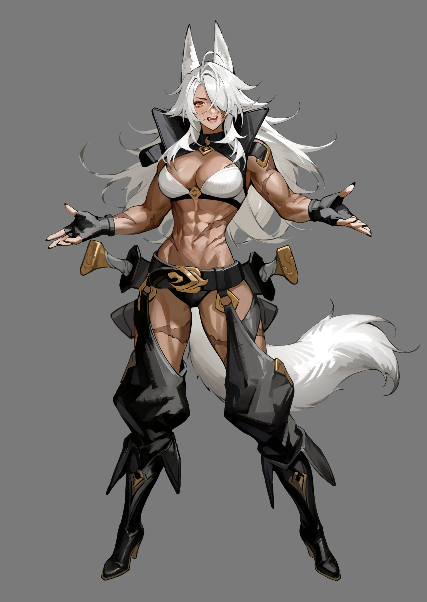 iamc95, original, highres, 1girl, :d, abs, ahoge, animal ears, belt, black gloves, boots, breasts, dark-skinned female, dark skin, fangs, fingerless gloves, full body, gloves, grey background, hair over one eye, high heel boots, high heels, long hair, looking at viewer, medium breasts, muscular, muscular female, nail polish, navel, open mouth, orange eyes, scar, sheath, sheathed, smile, solo, standing, tail, white hair, wolf ears, wolf girl, wolf tail