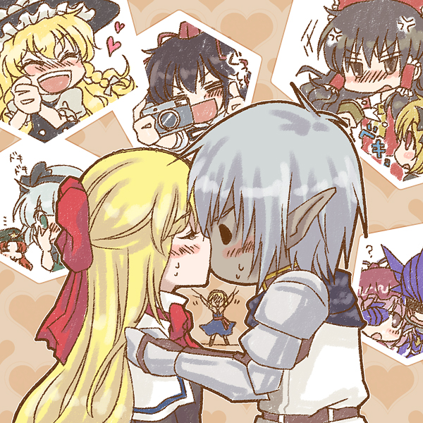 meg (artist), meg maru, meg maru2, alice margatroid, buront, cain highwind, hakurei reimu, hong meiling, kirisame marisa, konpaku youmu, mystia lorelei, rumia, ryu-san, shameimaru aya, shanghai doll, final fantasy, final fantasy iv, final fantasy xi, the iron of yin and yang, touhou, silver hair, bad id, bad pixiv id, 00s, 1990s (style), 1boy, 6+girls, black hair, blonde hair, blush, braid, couple, crossover, hairband, hat, hetero, kiss, long hair, multiple girls, paparazzi, pink hair, pointy ears, red eyes, red hair, retro artstyle, short hair, witch, witch hat