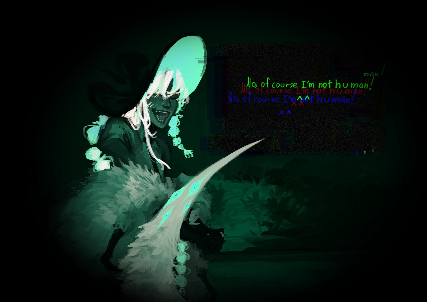 no i'm not a human, original, highres, 1girl, arthropod limbs, braid, closed eyes, dark-skinned female, dark skin, dialogue box, dim lighting, facing viewer, fur trim, hand up, hat, night, open mouth, parody, sharp teeth, solo, teeth, white hair, whyratention