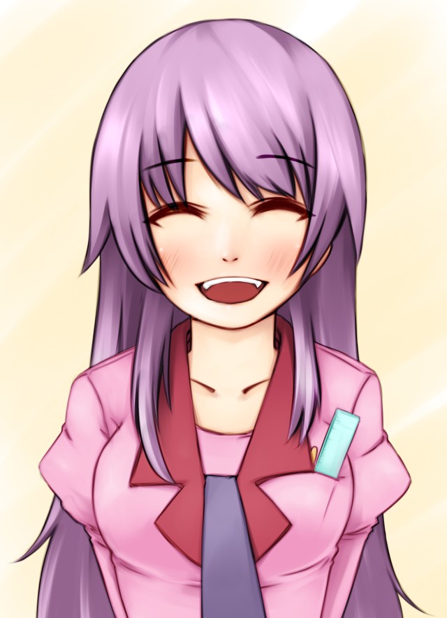4shi, senjougahara hitagi, bakemonogatari, monogatari (series), 00s, 1girl, ^ ^, closed eyes, female focus, long hair, purple hair, smile, solo