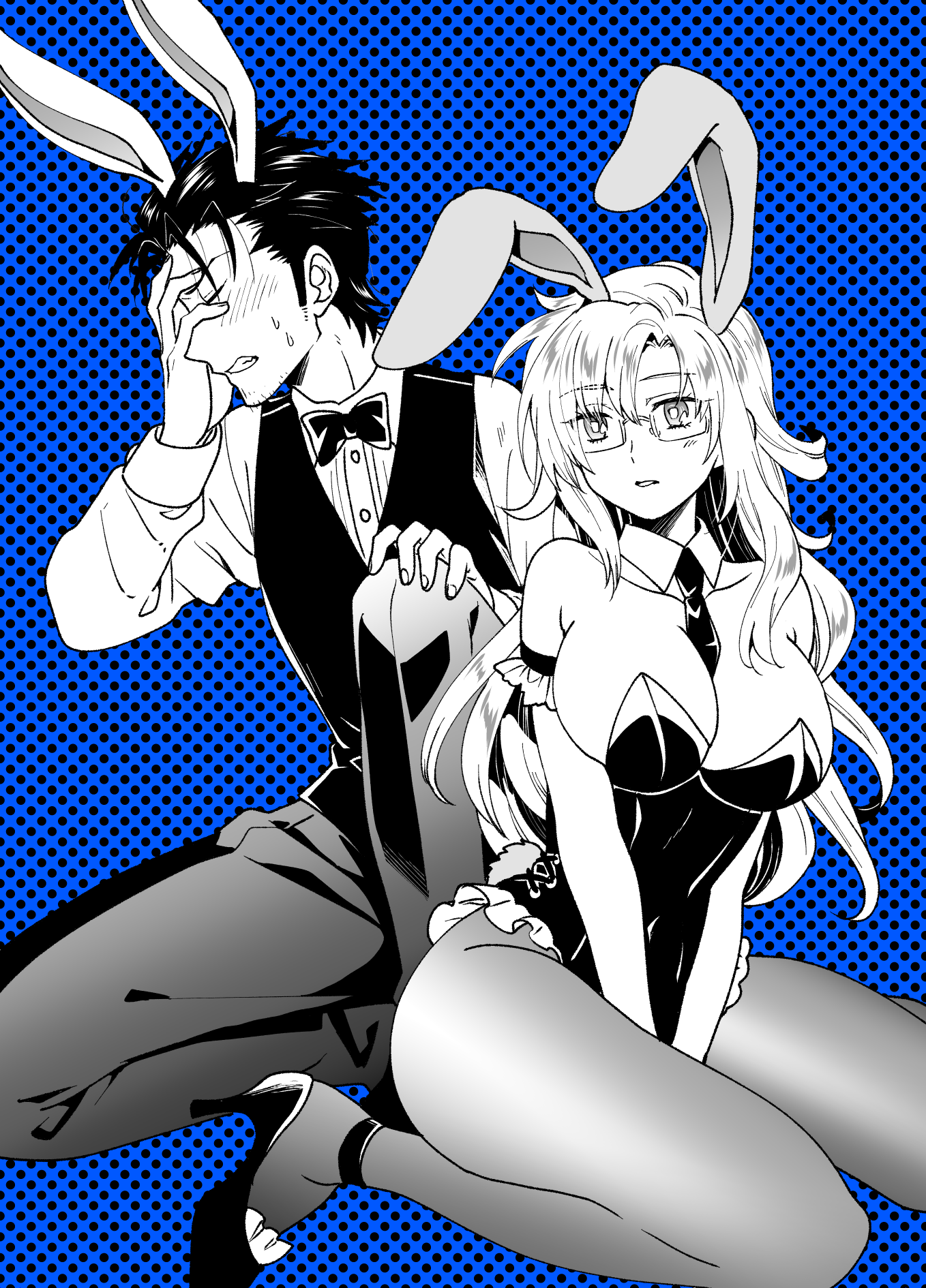 ikuhashi muiko, kiryuu moeka, okabe rintarou, science adventure, steins;gate, highres, 1boy, 1girl, animal ears, armband, between legs, black hair, black leotard, black vest, blue background, blush, bow, bowtie, breasts, clenched teeth, collared shirt, detached collar, foot out of frame, glasses, grey pants, hair between eyes, hand between legs, hand on own face, hand on own knee, high heels, kneeling, large breasts, leotard, long hair, monochrome, pants, pantyhose, parted lips, playboy bunny, rabbit boy, rabbit ears, rabbit girl, rabbit tail, shirt, short hair, spot color, strapless, strapless leotard, sweatdrop, tail, teeth, vest, wavy hair, white shirt