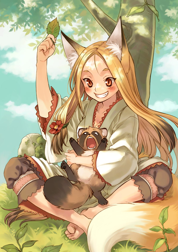 yuuryuu nagare, original, eyebrows, 1girl, animal, animal ears, barefoot, blonde hair, blush, day, fang, feet, female focus, flower, fox ears, fox tail, grass, grin, hair flower, hair ornament, leaf, long hair, o o, open mouth, outdoors, red eyes, sitting, smile, solo, spread toes, tail, tanuki, teeth, toes, tree, you gonna get raped