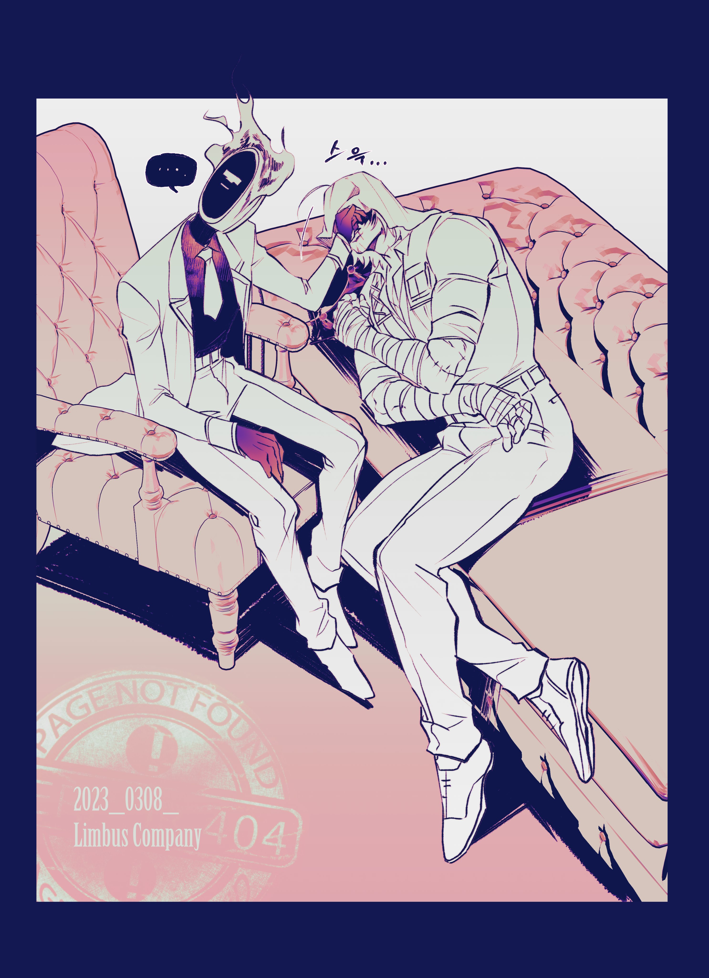 bear shakra, dante (limbus company), limbus company, original, project moon, absurdres, highres, 1boy, 1other, belt, blue border, border, chair, coat, collared shirt, couch, faceless, gloves, hand on another's face, indoors, korean text, lying, male focus, manly, mask, monochrome, muscular, muscular male, necktie, object head, oc x canon, on chair, on couch, open clothes, open coat, pants, scar, scar on face, scar on mouth, shirt, simple background, sitting, stitched arm, stitches, watermark