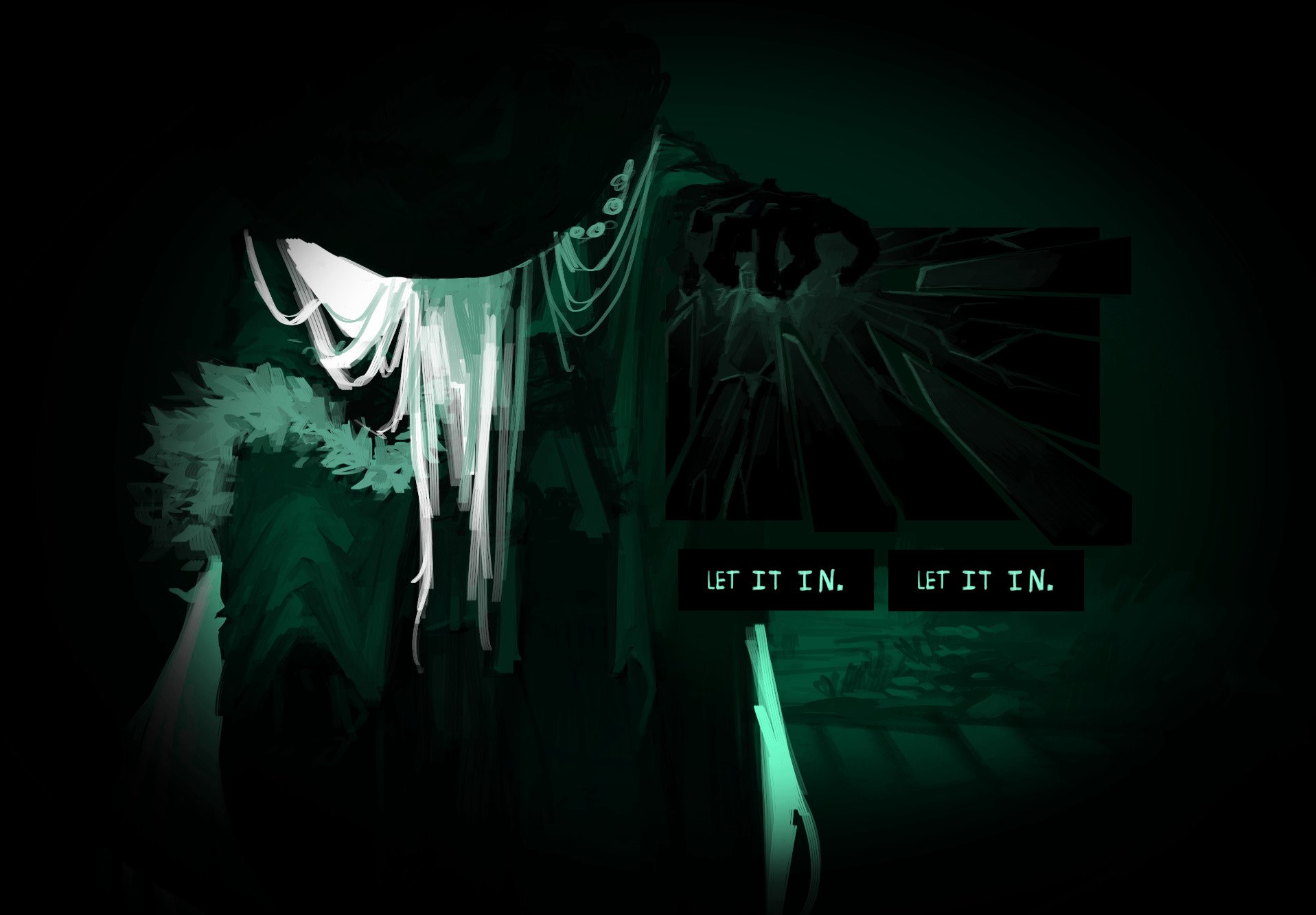 no i'm not a human, original, highres, 1girl, black gloves, broken glass, dialogue box, dim lighting, english text, facing viewer, fur-trimmed jacket, fur trim, glass, gloves, hat, head down, jacket, night, parody, reverse grip, user interface, white hair, whyratention