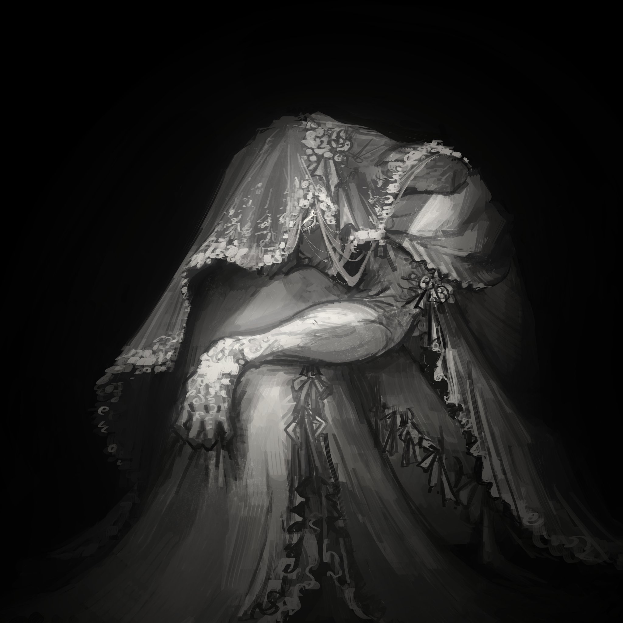original, highres, 1other, clenched hand, covered face, curled up, dress, greyscale, hand on own leg, head down, knees up, lace trim, layered dress, monochrome, on ground, sitting, solo, veil, whyratention