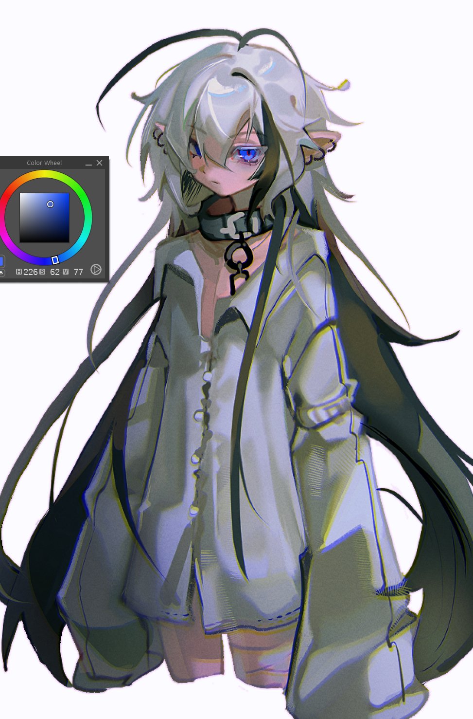 cloud (lufaeris), original, commentary, english commentary, highres, 1boy, antenna hair, art program in frame, black collar, blue eyes, chain, chain leash, closed mouth, collar, cropped legs, double-parted bangs, ear piercing, grey hair, grey shirt, hair between eyes, leash, long hair, long sleeves, looking at viewer, male focus, oversized clothes, oversized shirt, piercing, shirt, simple background, solo, very long hair, white background