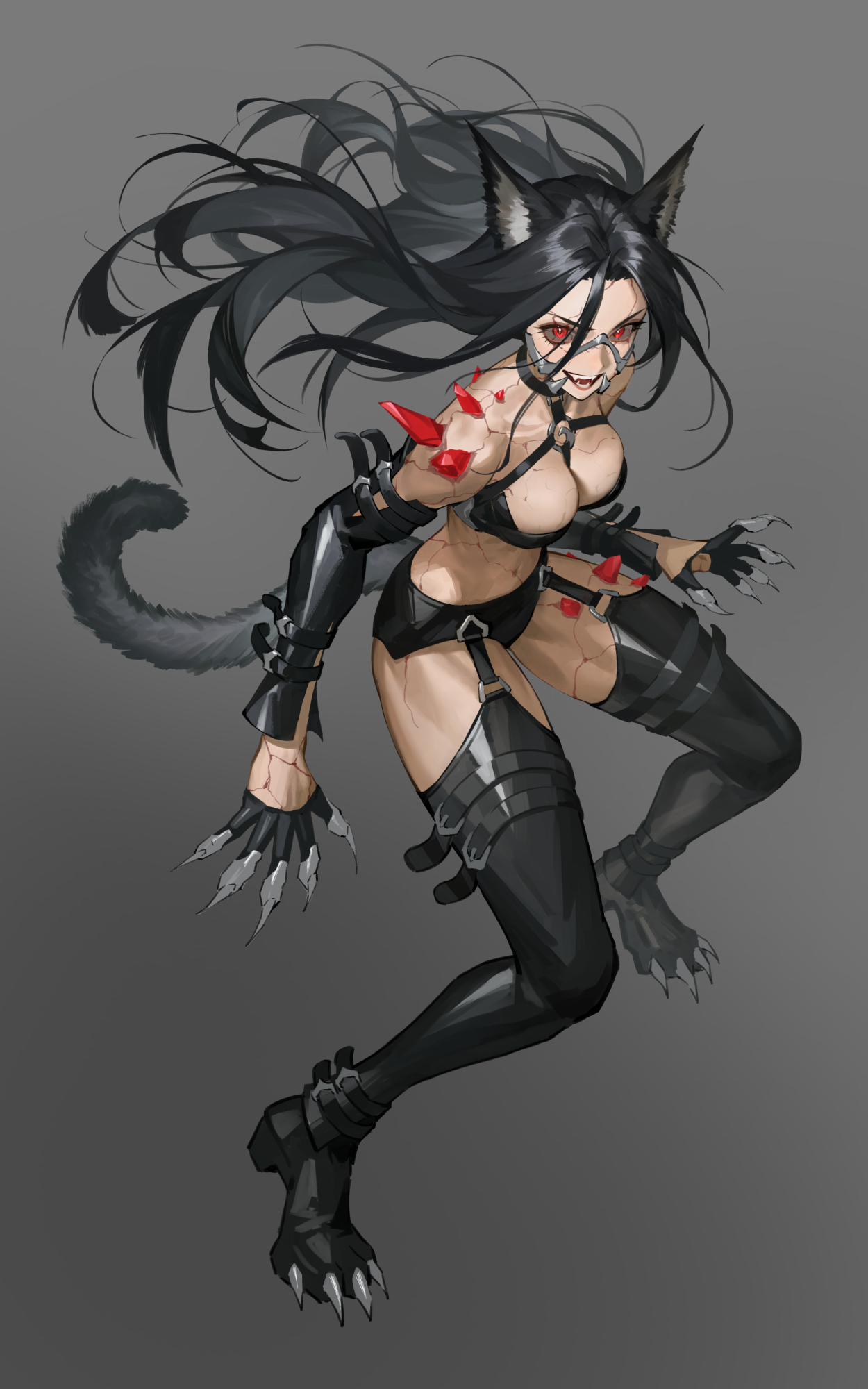 iamc95, original, highres, 1girl, animal ears, black hair, breasts, claw ring, colored sclera, detached sleeves, fangs, full body, garter straps, gloves, grey background, grey sclera, hair between eyes, half gloves, large breasts, long hair, looking at viewer, red eyes, solo, tail, thighhighs, veins, very long hair