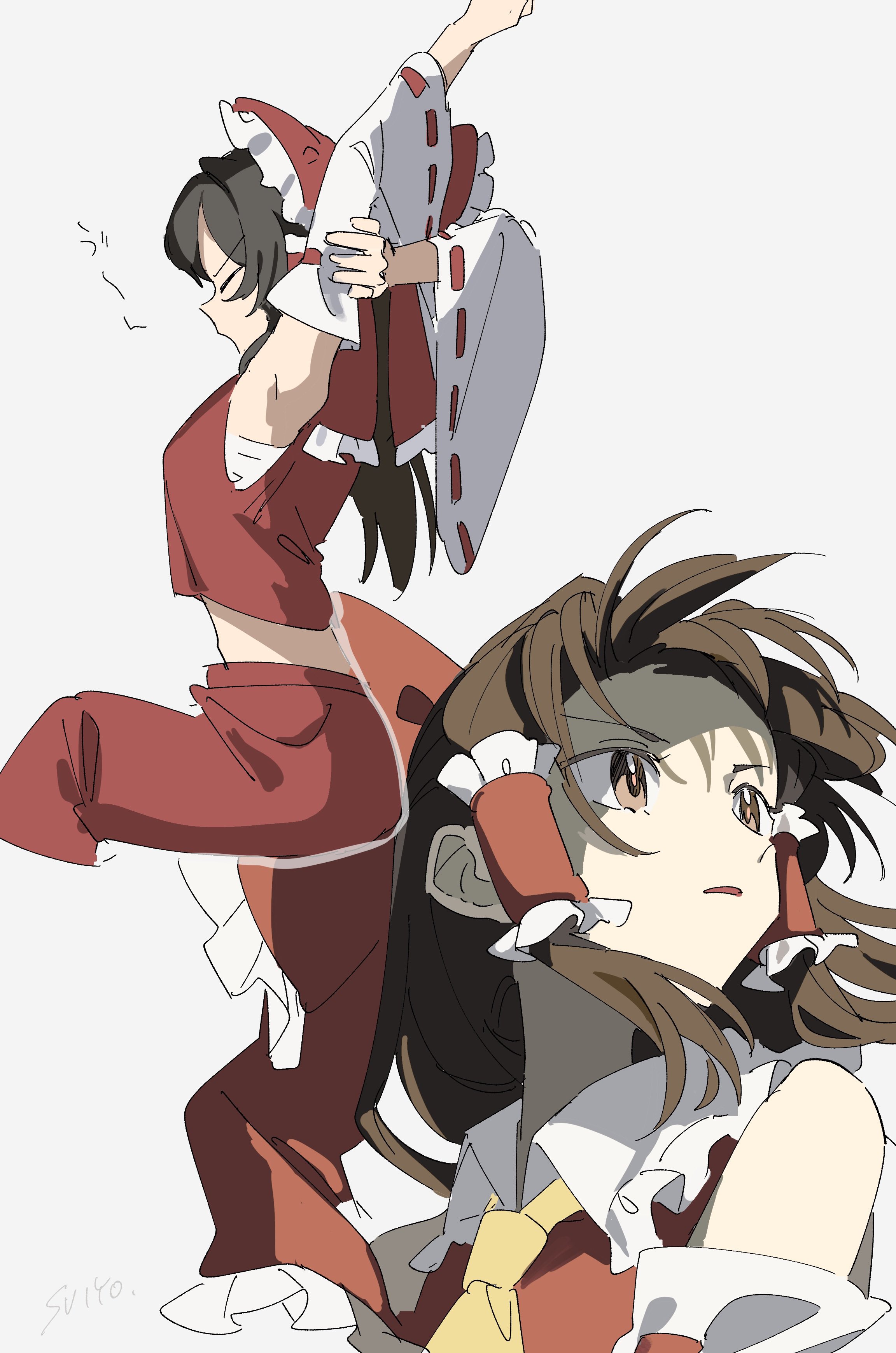 uehara suiyo, hakurei reimu, touhou, absurdres, highres, 1girl, armpits, ascot, bare shoulders, bow, brown eyes, brown hair, chest sarashi, detached sleeves, from side, grey background, hair tubes, long hair, parted lips, red bow, red shirt, red skirt, sarashi, shirt, skirt, sleeveless, sleeveless shirt, stretching, variations, yellow ascot