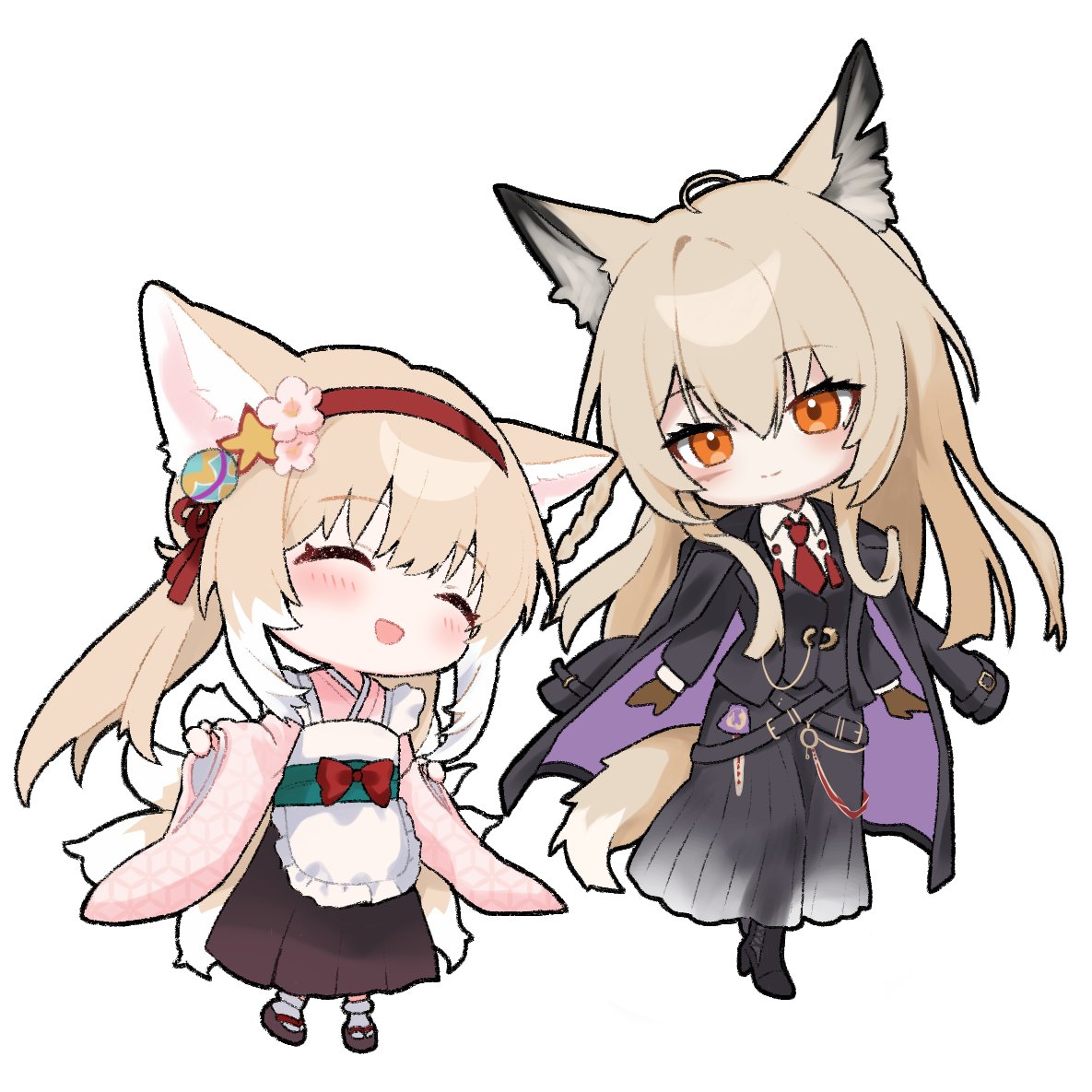 dr.lamina, suzuran (arknights), suzuran (yukibare) (arknights), vulpisfoglia (arknights), arknights, commentary, symbol-only commentary, 2girls, animal ears, apron, black hakama, chibi, closed eyes, fox ears, fox girl, fox tail, hairband, hakama, japanese clothes, kimono, mother and daughter, multiple girls, official alternate costume, pink kimono, skirt, smile, tail, white apron