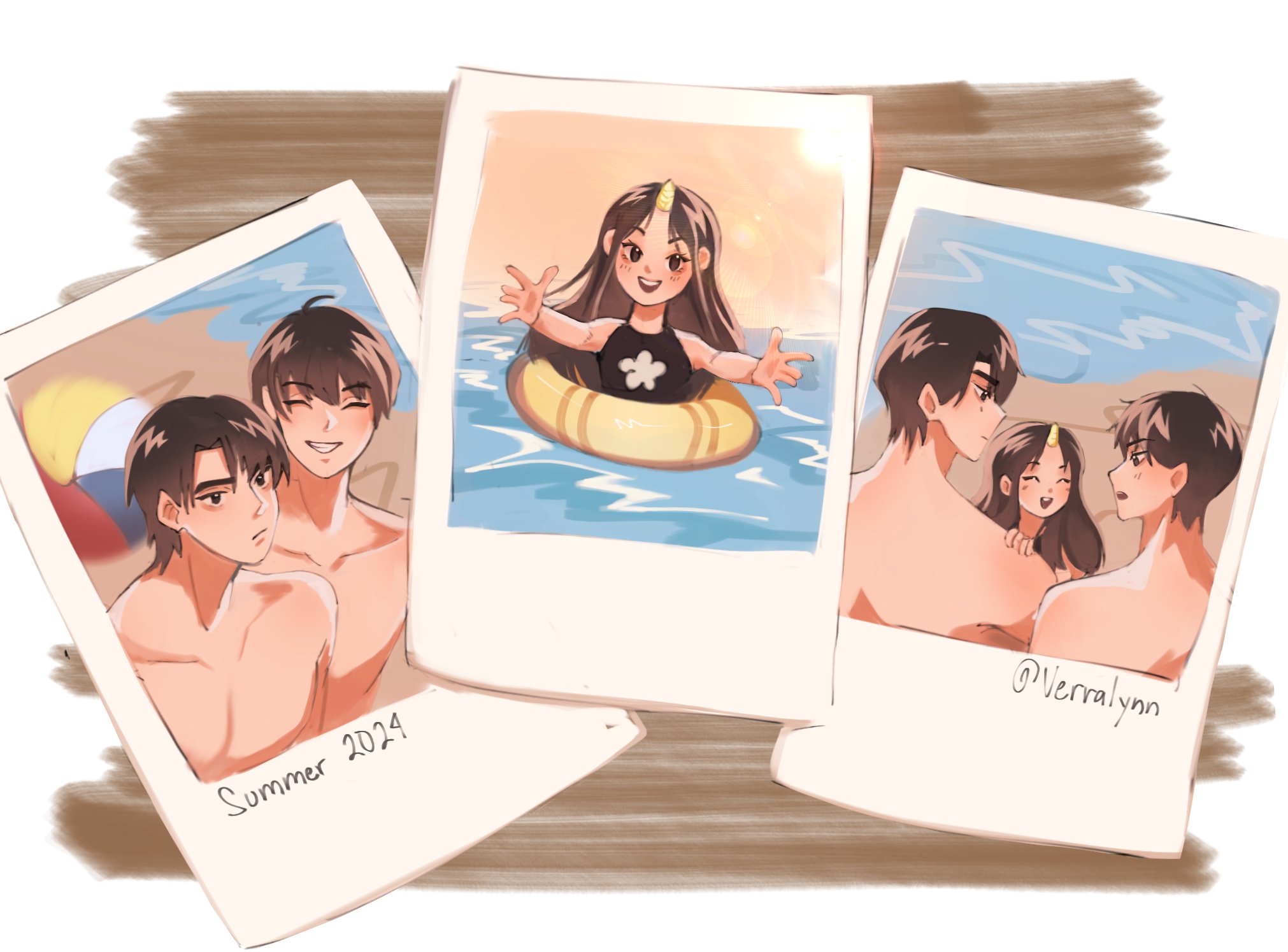 biyoo (omniscient reader's viewpoint), kim dokja, yoo joonghyuk, omniscient reader's viewpoint, highres, 1girl, 2boys, beach, black eyes, black hair, grin, hand on another's shoulder, lifebuoy, multiple boys, no shirt, ocean, outstretched arms, pectorals, personification, photo (object), short hair, smile, swim ring, upper body, verralynn, water