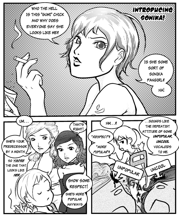 accelagirl (artist), ash (ash1210), prima, sonika, sweet ann, vocaloid, bad id, bad pixiv id, cigarette, comic, english text, greyscale, left-to-right manga, long hair, monochrome, short hair, smoking