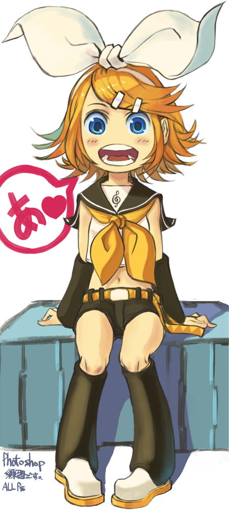 kansou samehada, kagamine rin, vocaloid, bad id, bad pixiv id, 1girl, a (phrase), blonde hair, blue eyes, female focus, full body, hair ornament, hairclip, midriff, navel, open mouth, short hair, shorts, sitting, solo