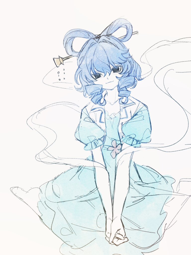 80isiiii, kaku seiga, touhou, 1girl, aqua dress, blue hair, closed mouth, collarbone, dress, drill hair, hair between eyes, light smile, looking at viewer, medium hair, own hands together, short sleeves, sitting, solo, twin drills, wariza, white background