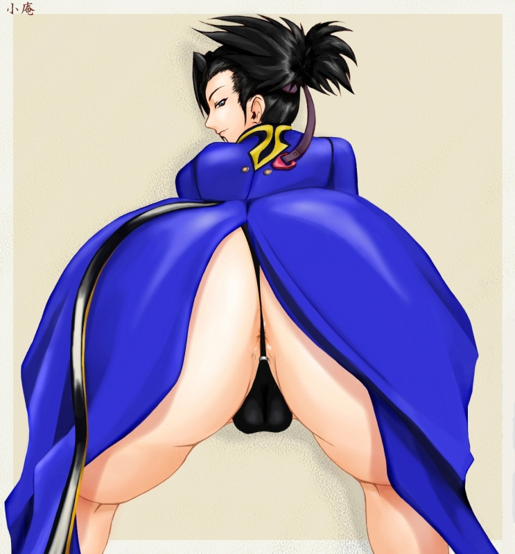 sei (bakuretsu tenshi), bakuretsu tenshi, 00s, 1girl, anus, anus peek, ass, bent over, black hair, come hither, fat mons, female focus, from behind, hair ribbon, half-closed eyes, huge ass, looking back, naughty face, open clothes, panties, partially visible anus, ponytail, ribbon, seductive smile, shiny skin, short hair, smile, solo, thong, underwear