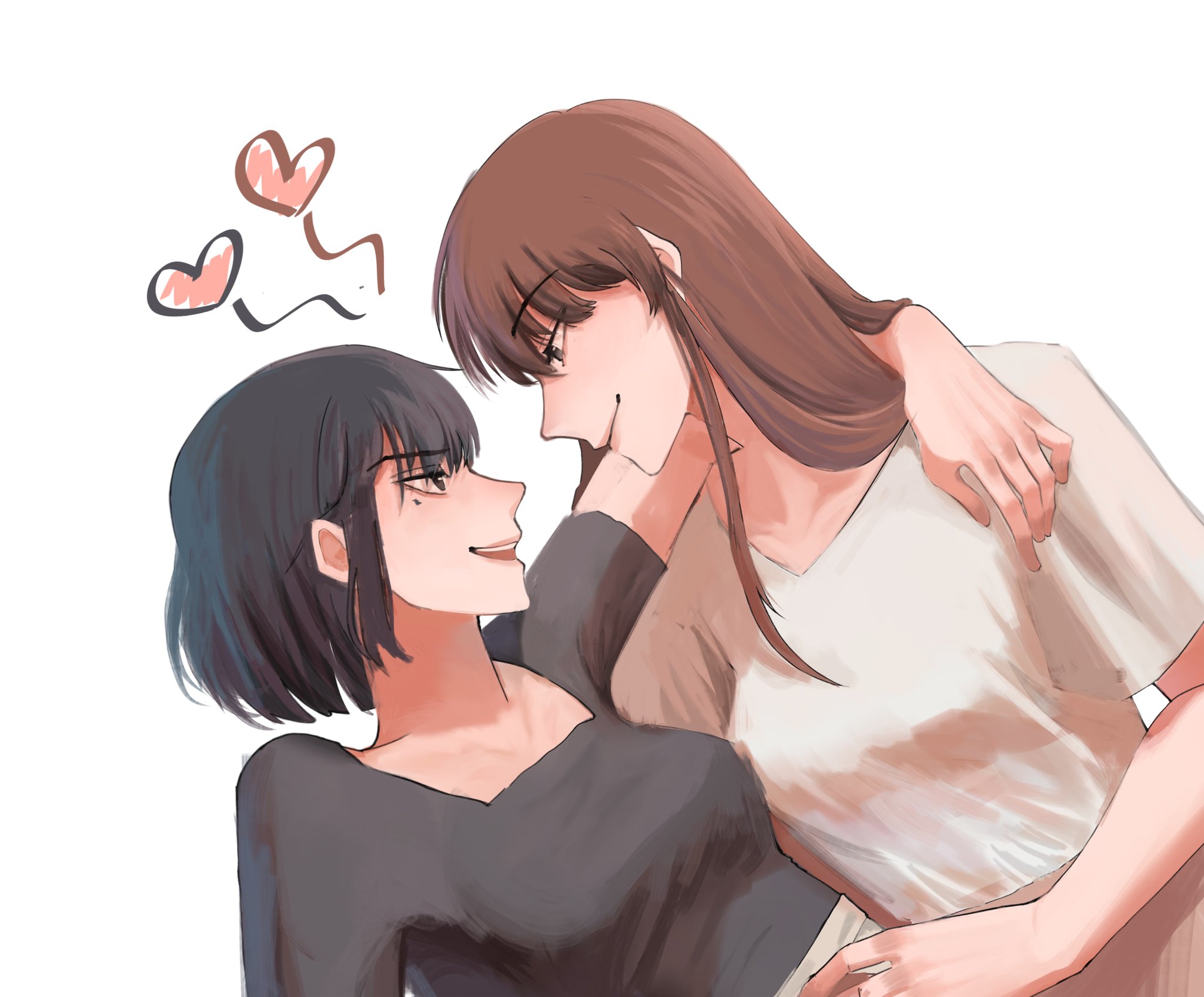 han sooyoung, yoo sangah, omniscient reader's viewpoint, highres, 2girls, arm around neck, black hair, black shirt, bob cut, breasts, brown hair, grin, heart, looking at another, mole, mole under eye, multiple girls, shirt, short hair, smile, t-shirt, upper body, verralynn, white shirt, yuri