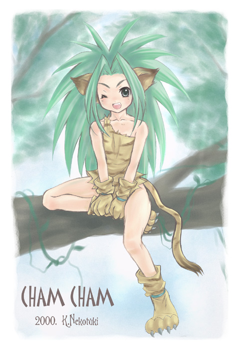 nekou izuru, cham cham, samurai spirits, snk, 1girl, animal ears, animal hands, animal print, cat ears, cat girl, cat tail, female focus, gloves, green hair, in tree, long hair, nature, off shoulder, one eye closed, outdoors, paw shoes, sitting, sitting in tree, solo, tail, tiger print, tree, wink