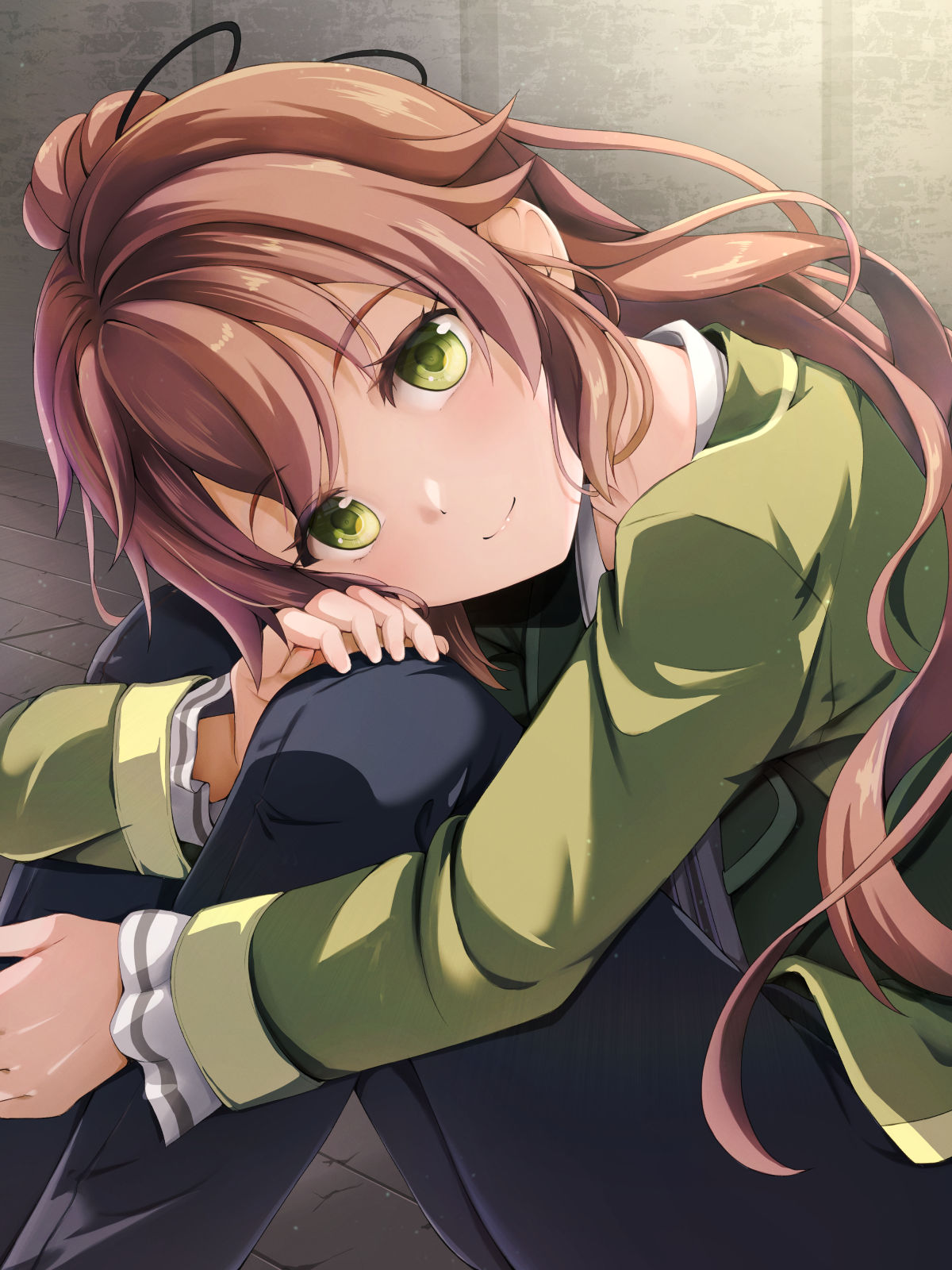 takaseshinya, towa herschel, eiyuu densetsu, kuro no kiseki (series), highres, 1girl, bow, brown hair, green eyes, green jacket, hair bow, jacket, looking at viewer, ponytail, portrait, simple background, smile