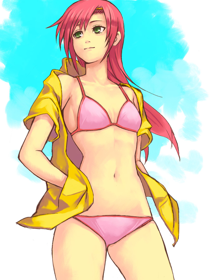 yuuji (and), katsura hinagiku, hayate no gotoku!, bad id, bad pixiv id, 00s, 1girl, bikini, female focus, flat chest, green eyes, hairband, jacket, long hair, navel, pink bikini, red hair, solo, string bikini, swimsuit