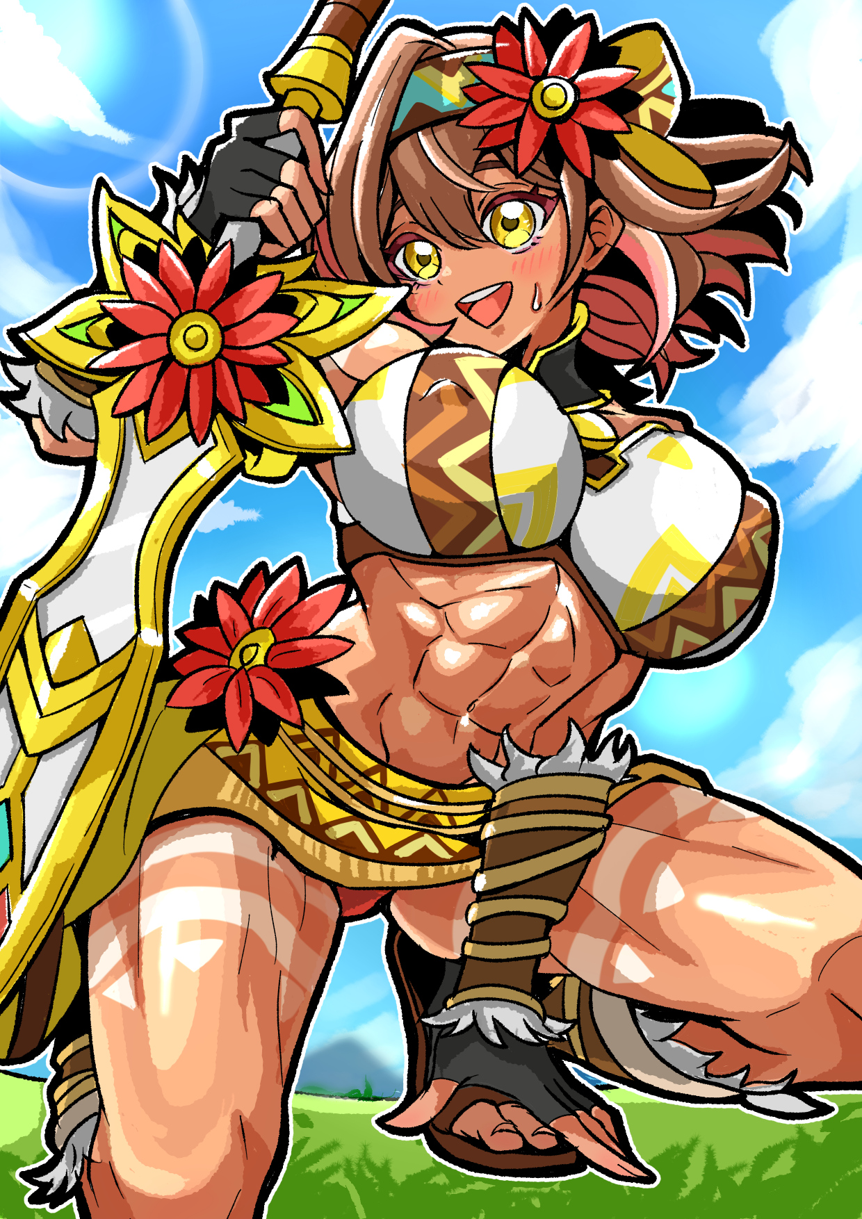 monster strike, highres, 1girl, :d, abs, breasts, brown hair, chapillust, dark-skinned female, dark skin, fingerless gloves, flower, fur trim, gerbera (monster strike), gloves, hair flower, hair ornament, hairband, holding, holding sword, holding weapon, large breasts, muscular, muscular female, on grass, open mouth, sandals, smile, squatting, sweatdrop, sword, teeth, upper teeth only, weapon, yellow eyes