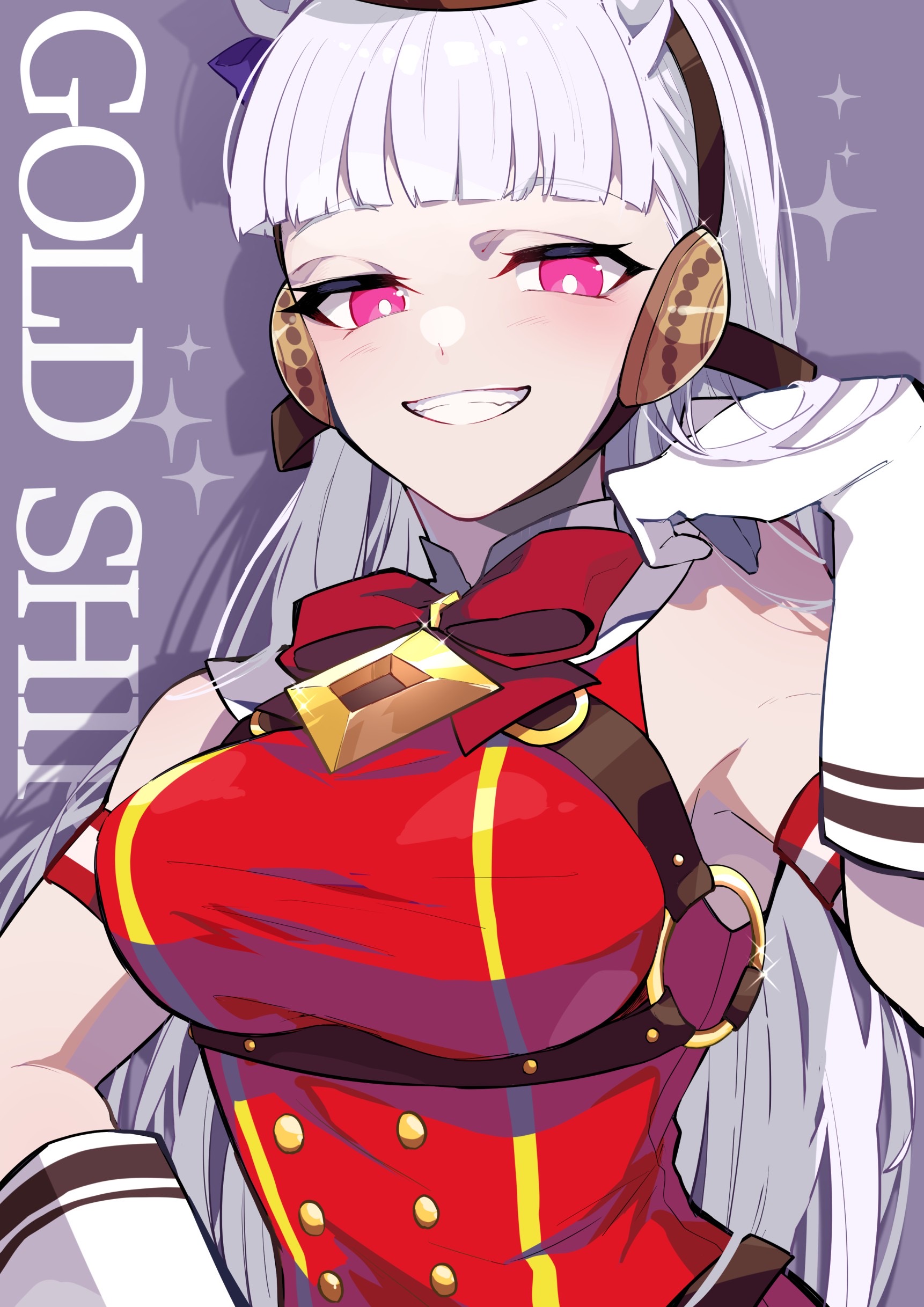 nekoma hikaru, gold ship (umamusume), umamusume, absurdres, commentary request, highres, 1girl, animal ears, blunt bangs, breasts, bright pupils, character name, eyelashes, glint, gloves, grey hair, grin, horse ears, horse girl, large breasts, long hair, looking at viewer, o-ring, pink eyes, purple background, red ribbon, ribbon, smile, solo, sparkle, upper body, white gloves, white pupils