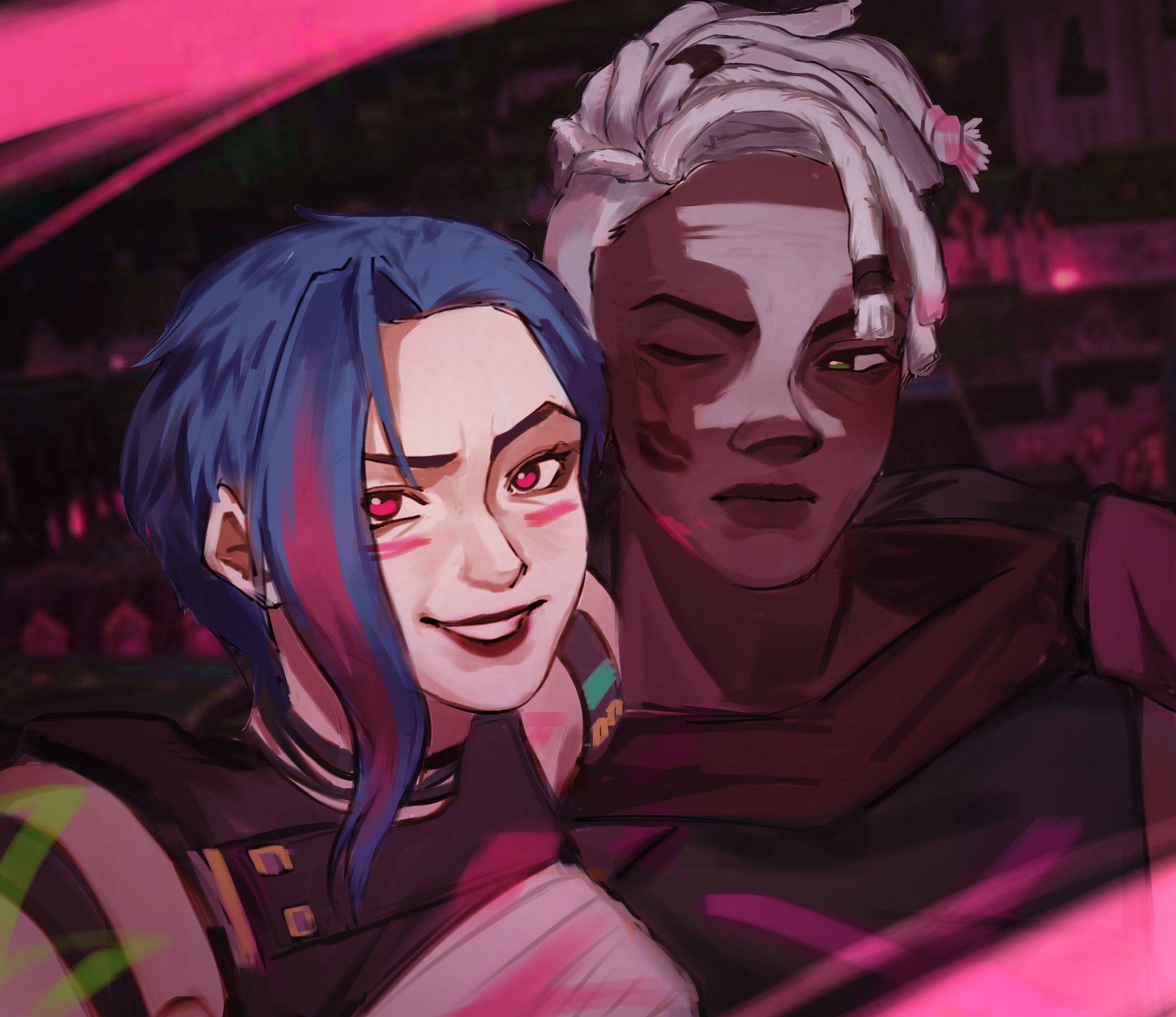 ekko (league of legends), jinx (league of legends), arcane: league of legends, league of legends, highres, 1boy, 1girl, arm around neck, blue eyes, blue hair, curtained hair, dreadlocks, facial mark, grin, lipstick mark, looking at another, looking at viewer, one eye closed, pink eyes, pink streaks, smile, verralynn, white hair