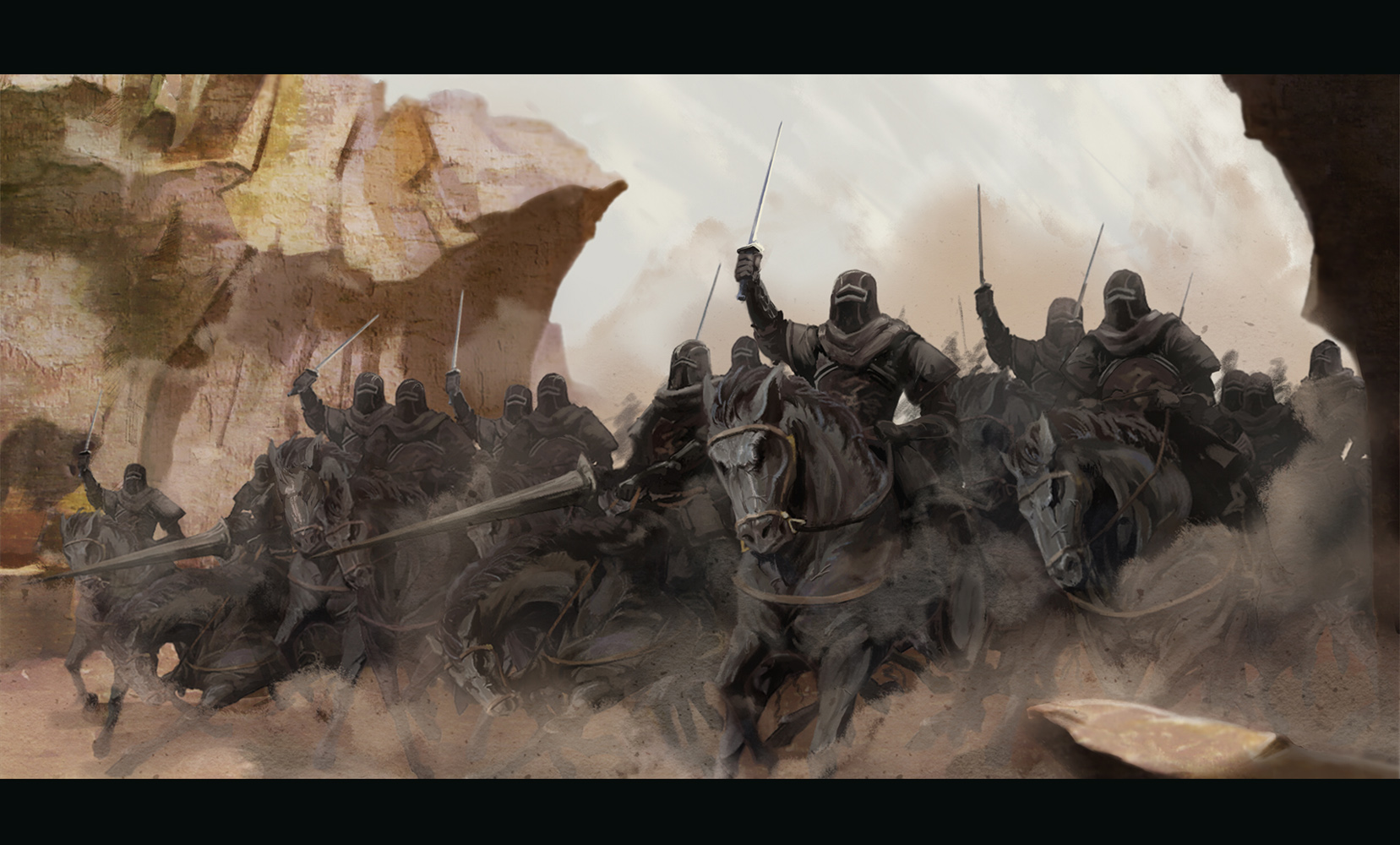 aruru no zaki, guin saga, highres, 00s, 6+boys, armor, gauntlets, helmet, horse, horseback riding, knight, letterboxed, male focus, multiple boys, riding, sword, weapon