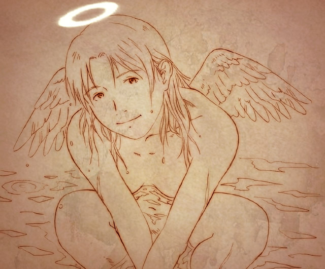 aaru sentou shuudan, nemu (haibane renmei), haibane renmei, scan, scan artifacts, traditional media, 00s, 1girl, female focus, halo, monochrome, nude, orange theme, sitting, solo, traditional halo, water, wet, wings