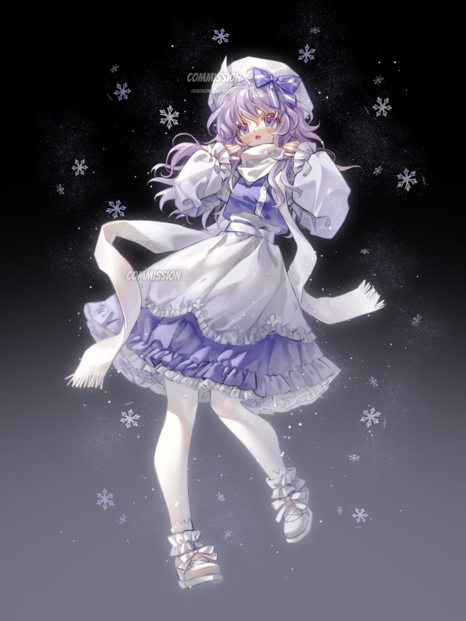 80isiiii, letty whiterock, touhou, commentary, commission, highres, 1girl, alternate hair length, alternate hairstyle, apron, blue eyes, blue hair, blue skirt, blue vest, blush, frills, full body, hat, long hair, long sleeves, pantyhose, parted lips, shirt, shoes, skirt, snowflakes, solo, twitter username, vest, white pantyhose, white shirt, white shoes, yuki onna