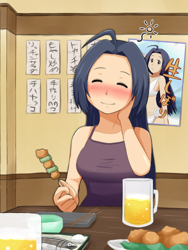 miyako (xxxbibit), myk, miura azusa, idolmaster, idolmaster (classic), lowres, 00s, 1girl, ahoge, alcohol, beer, bikini, blue hair, blush, closed eyes, drunk, dual persona, female focus, fish, fish (food), food, oden, poster (object), solo, swimsuit