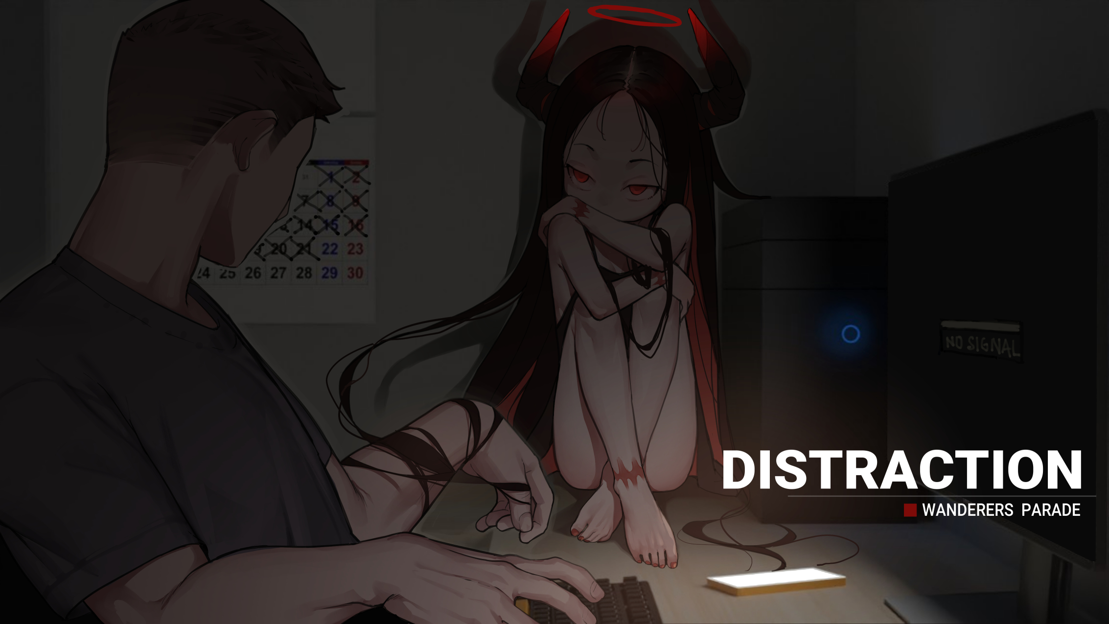 blvefo9, original, highres, 1boy, 1girl, barefoot, black hair, brown hair, calendar (object), colored inner hair, computer keyboard, crossed ankles, english text, halo, horns, looking at another, monitor, multicolored hair, red eyes, red hair, red halo, short hair, sitting, two-tone hair