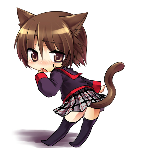 masayu, naoe riki, little busters!, bad id, bad pixiv id, lowres, 1boy, animal ears, black thighhighs, blush, bob cut, brown eyes, brown hair, cat boy, cat ears, cat tail, chibi, crossdressing, crossdressing (mtf), finger to mouth, leaning forward, male focus, school uniform, skirt, solo, sweatdrop, tail, thighhighs, trap, zettai ryouiki