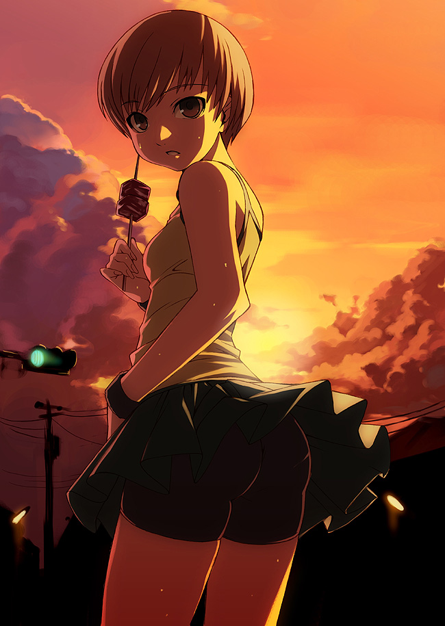 tasaka shinnosuke, satonaka chie, atlus, persona, persona 4, 1girl, ass, bike shorts, bike shorts under skirt, brown eyes, brown hair, clothes lift, cloud, female focus, food, from behind, lamppost, leaning forward, looking at viewer, looking back, meat, pantylines, parted lips, power lines, shish kebab, short hair, shorts, shorts under skirt, skirt, skirt lift, sky, solo, sunset, sweat, traffic light, twilight, utility pole, wind, wind lift, wristband
