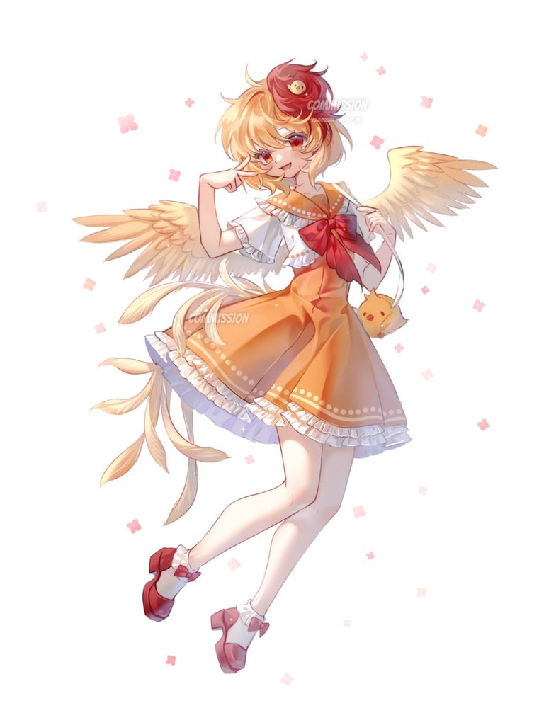 80isiiii, niwatari kutaka, touhou, commentary, commission, symbol-only commentary, baby animal, bag, bird, blonde hair, chick, chicken girl, dress, frills, full body, legs, medium hair, multicolored hair, orange dress, parted lips, red eyes, red hair, red shoes, rooster tail, shirt, shoes, short sleeves, shoulder bag, socks, thighhighs, twitter username, two-tone hair, v, white shirt, white socks, wings