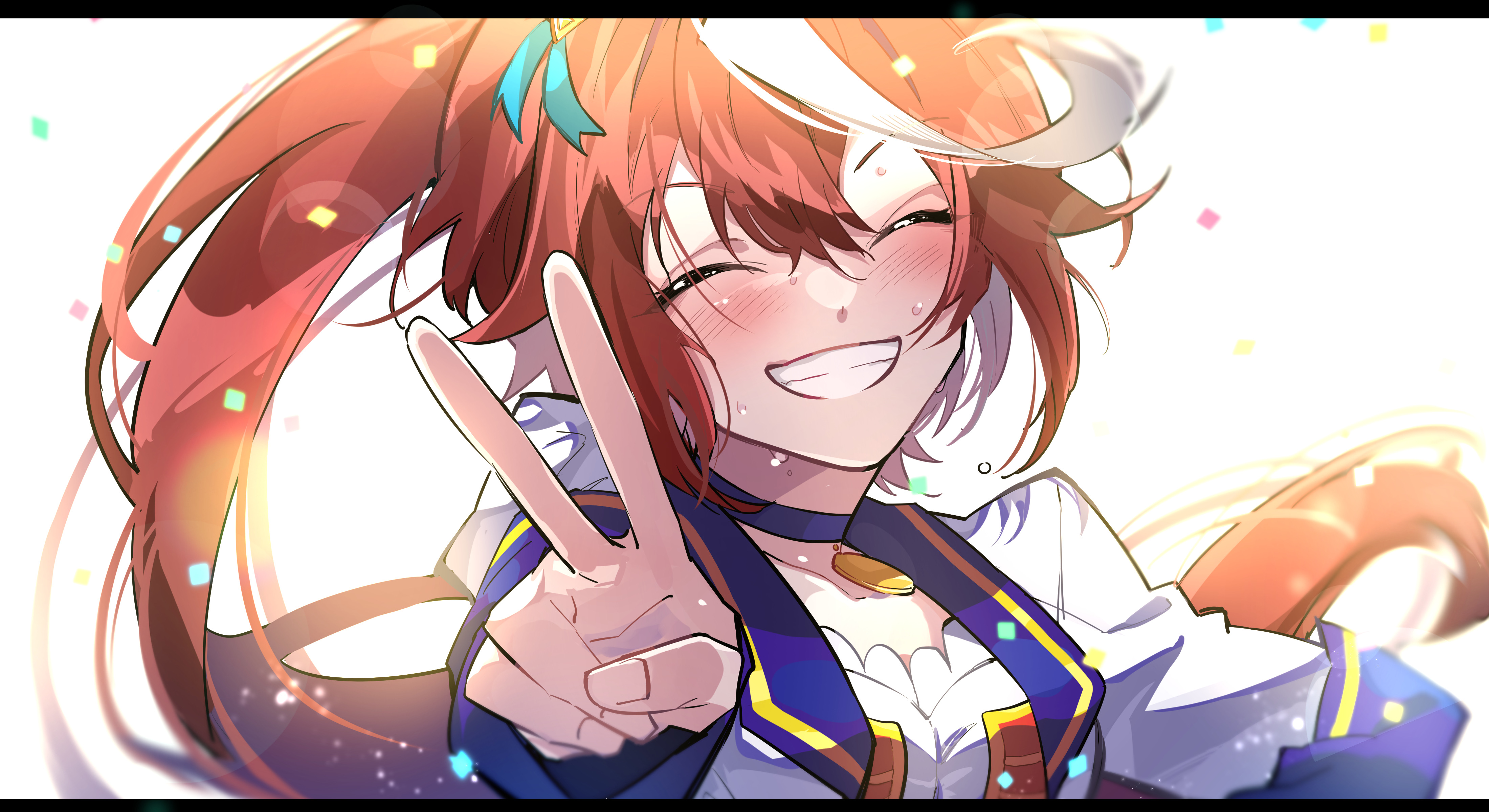 nekoma hikaru, tokai teio (umamusume), umamusume, absurdres, commentary request, highres, 1girl, blush, brown hair, closed eyes, eyelashes, facing viewer, grin, horse girl, long hair, multicolored hair, ponytail, simple background, smile, solo, streaked hair, upper body, v, white background