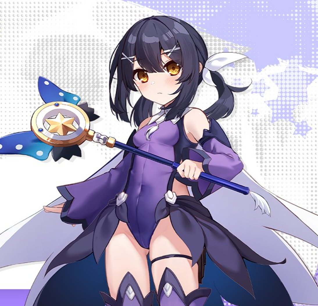 kaleidostick, magical sapphire, miyu edelfelt, fate/kaleid liner prisma illya, fate (series), artist request, official art, second-party source, 1girl, black hair, breasts, brown eyes, cape, covered navel, detached sleeves, gluteal fold, hair ornament, hairclip, leotard, long hair, magical girl, purple leotard, purple sleeves, purple thighhighs, ribbon, small breasts, thigh strap, thighhighs, thighs, twintails, white cape, white ribbon