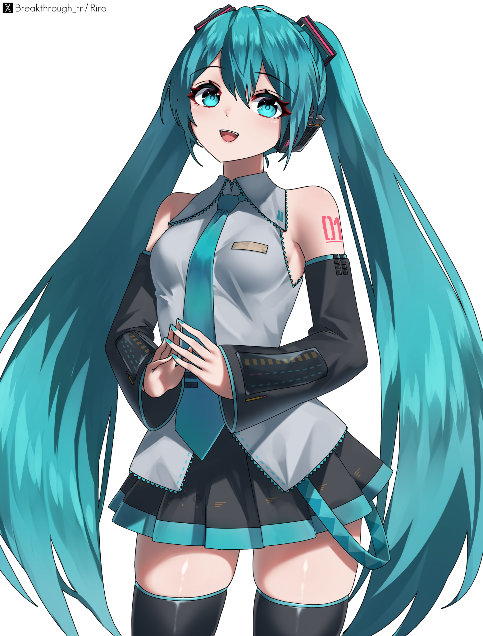riro (breakthrough rr), hatsune miku, vocaloid, commentary request, highres, 1girl, aqua eyes, aqua hair, aqua necktie, aqua trim, arm tattoo, armpit crease, black skirt, blush, breasts, collared shirt, detached sleeves, grey shirt, hair between eyes, hair ornament, long hair, long sleeves, looking at viewer, medium breasts, miniskirt, necktie, number tattoo, open mouth, pleated skirt, shirt, simple background, skirt, sleeveless, sleeveless shirt, smile, solo, tattoo, thighhighs, twintails, very long hair, white background, wide sleeves, zettai ryouiki