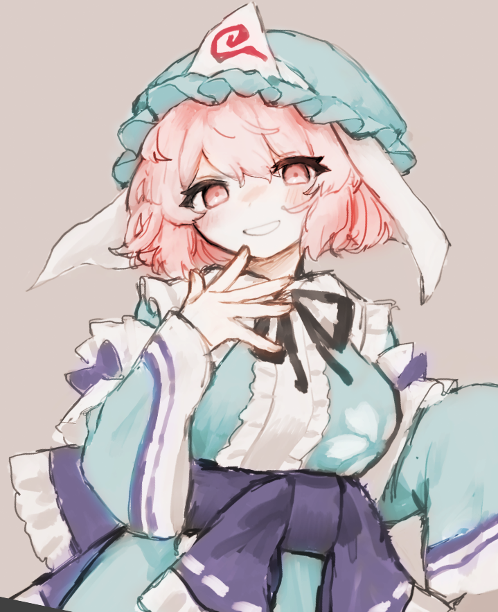 natucurage, saigyouji yuyuko, touhou, 1girl, blue kimono, blush, frills, grin, hat, japanese clothes, kimono, long sleeves, looking at viewer, medium hair, mob cap, pink eyes, pink hair, smile, solo, teeth, triangular headpiece, upper body