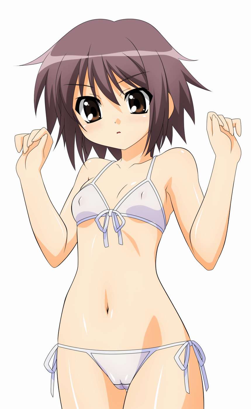 nagato yuki, suzumiya haruhi no yuuutsu, highres, 00s, bikini, brown eyes, cameltoe, covered erect nipples, purple hair, short hair, side-tie bikini bottom, simple background, swimsuit
