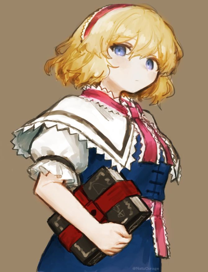 natucurage, alice margatroid, touhou, 1girl, blonde hair, blue dress, blue eyes, book, capelet, closed mouth, dress, expressionless, from side, grimoire of alice, hairband, holding, holding book, lolita hairband, looking at viewer, medium hair, short sleeves, solo, upper body, white capelet, white sleeves