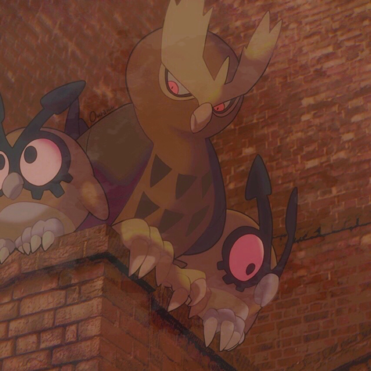 ouran, hoothoot, noctowl, nintendo, pokemon, commentary request, highres, animal focus, bird, brick wall, claws, closed mouth, evolutionary line, from below, full body, gen 2 pokemon, looking at viewer, looking down, no humans, pokemon (creature), pokemon focus, red eyes
