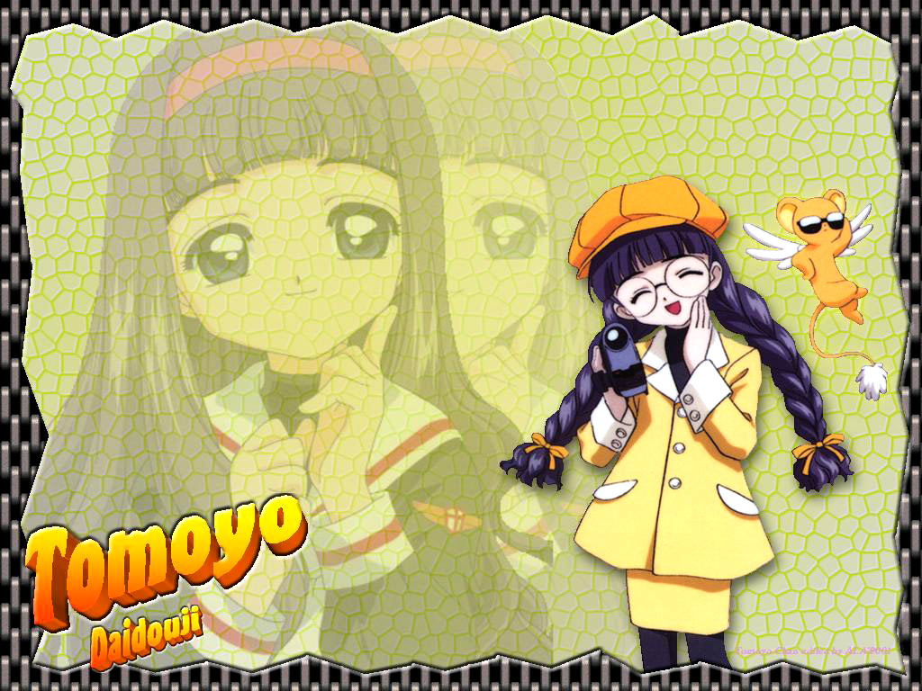 daidouji tomoyo, kero (cardcaptor sakura), cardcaptor sakura, tagme, 1990s (style), 1girl, ^ ^, camcorder, character name, child, closed eyes, creature, glasses, hat, long hair, purple hair, retro artstyle, round eyewear, skirt, skirt set, smile, sunglasses, video camera