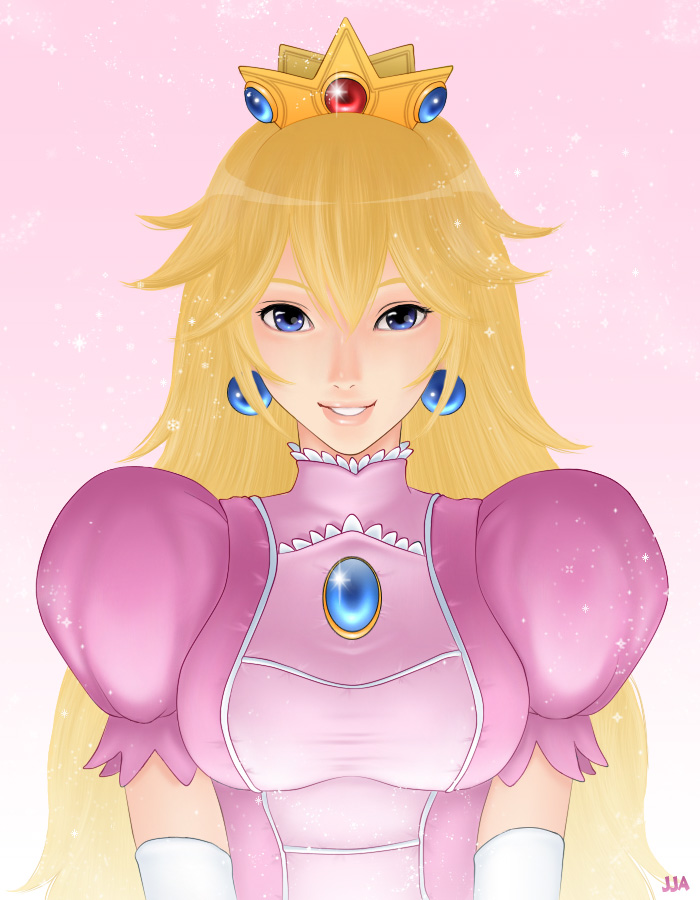 khalitzburg (user 2274420), princess peach, mario (series), nintendo, super mario bros. 1, 1girl, blonde hair, blue eyes, breasts, crown, dress, earrings, elbow gloves, female focus, gloves, jewelry, lips, long hair, pink dress, solo