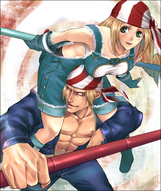 billy kane, lilly kane, fatal fury, kof: maximum impact, maximum impact ii, snk, the king of fighters, 1boy, 1girl, alternate costume, bandana, blonde hair, breasts, brother and sister, cleavage, fingerless gloves, gloves, green eyes, hairband, holding, large breasts, siblings, staff, weapon