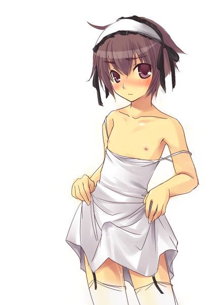 1boy, blush, brown eyes, brown hair, crossdressing, crossdressing (mtf), dress, male focus, nipples, precum, shota, solo, strap slip, thighhighs, trap