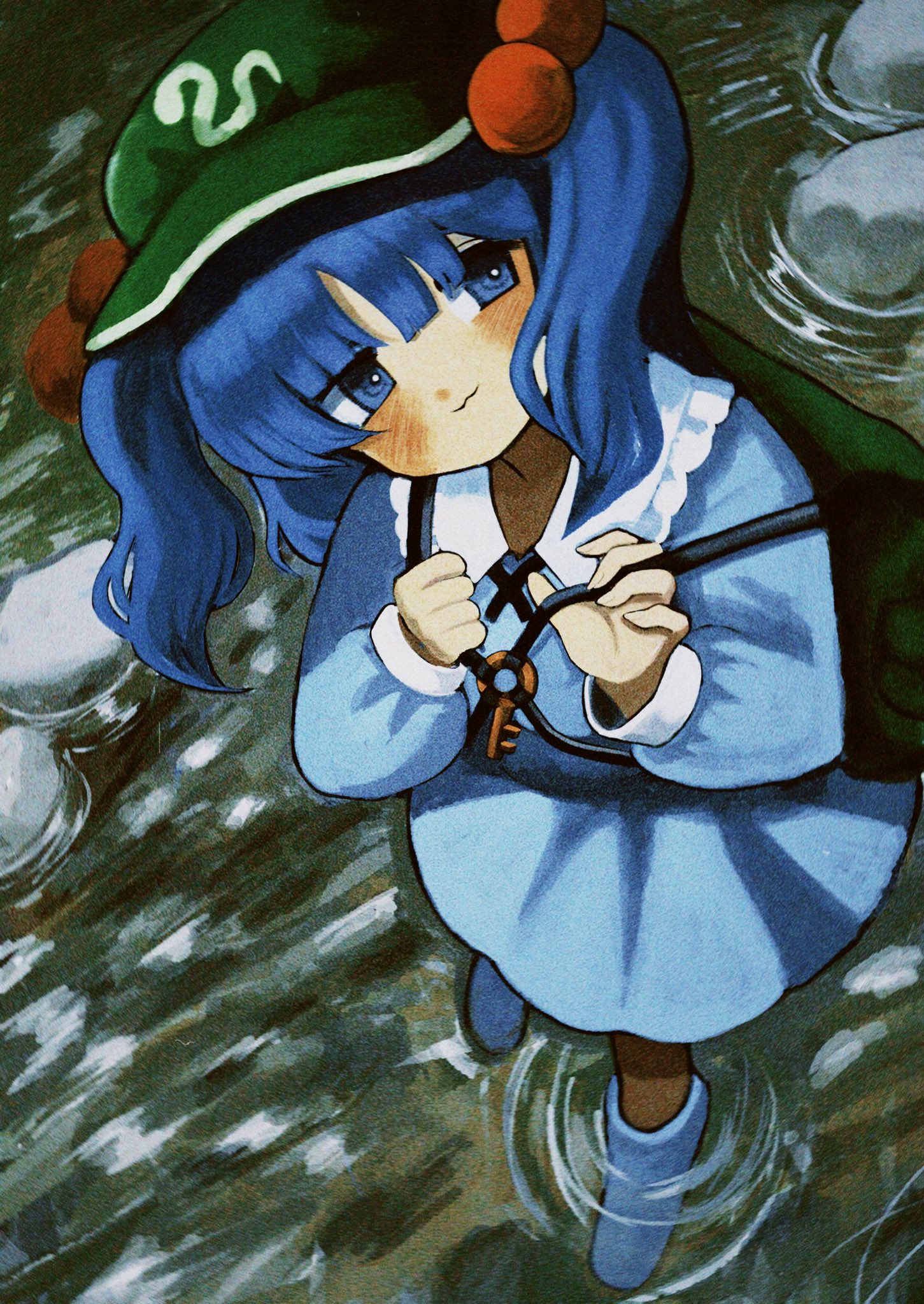 hell0120, kawashiro nitori, touhou, commentary request, highres, 1girl, :3, backpack, bag, blue boots, blue dress, blue eyes, blue hair, boots, collared dress, dress, flat cap, frilled shirt collar, frills, from above, green bag, green hat, hair bobbles, hair ornament, hands up, hat, head tilt, holding strap, key, long sleeves, looking at viewer, medium hair, outdoors, rock, rubber boots, solo, standing, two side up, wading, water