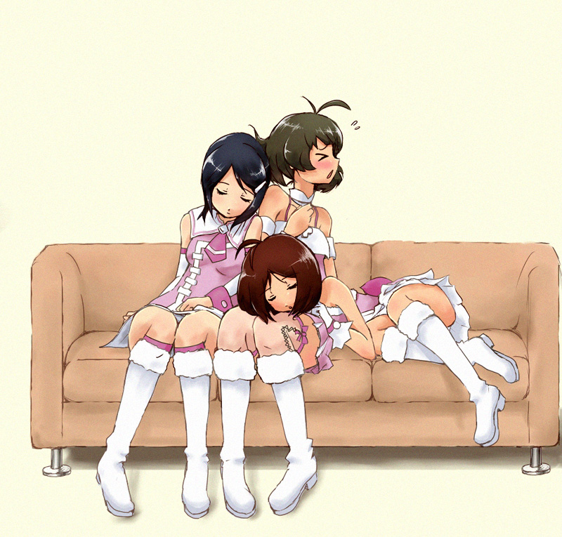 kabosuke, akizuki ryo, hidaka ai, mizutani eri, idolmaster, idolmaster dearly stars, bad id, bad pixiv id, > <, 00s, 1boy, 2girls, ahoge, antenna hair, child, closed eyes, couch, crossdressing, cute & girly (idolmaster), multiple girls, panties, pantyshot, sleeping, trap, underwear