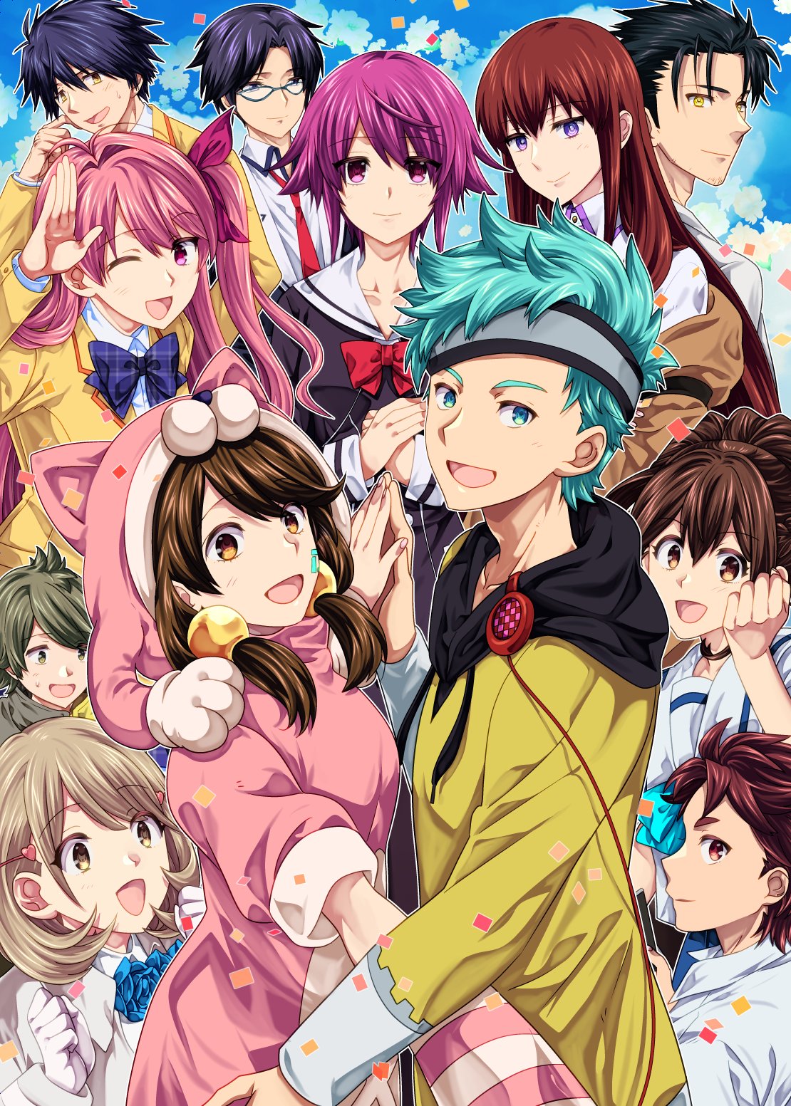 ikuhashi muiko, aizaki momo, gamon yuuta, makise kurisu, miyashiro takuru, narusawa ryouka, nishijou takumi, okabe rintarou, onoe serika, sakihata rimi, senomiya akiho, takaoka pollon, yashio kaito, anonymous;code, chaos;child, chaos;head, occultic;nine, robotics;notes, science adventure, steins;gate, highres, 6+boys, 6+girls, adam's apple, animal costume, arm belt, beard stubble, belt, black hair, black jacket, black pants, black pantyhose, black shorts, black thighhighs, blazer, blue-framed eyewear, blue bow, blue eyes, blue hair, blue jacket, blue pants, blue skirt, bow, bowtie, braid, breast pocket, breasts, brown coat, brown eyes, brown hair, brown jacket, buttons, cat costume, chest bow, chuo tanegashima high school uniform, coat, collarbone, collared shirt, cropped jacket, cropped shirt, crossed arms, double-breasted, dress, dress shirt, dress vest, facial hair, green eyes, green hair, hair between eyes, hair bow, hair ornament, hair over shoulder, hairclip, half up braid, heart, heart button, heart hair ornament, hekiho academy school uniform, high-waist skirt, high ponytail, hood, hooded sweater, huge breasts, impossible clothes, in-franchise crossover, jacket, jacket partially removed, lab coat, lapels, leather belt, long sleeves, looking at viewer, messy hair, miniskirt, multicolored coat, multiple boys, multiple girls, necktie, nervous sweating, notched lapels, one eye closed, one side up, onesie, open collar, open mouth, own hands together, pants, pantyhose, pink eyes, pink hair, pink skirt, plaid bow, plaid bowtie, plaid clothes, plaid pants, plaid skirt, pleated skirt, pocket, ponytail, ponytail with braided base, purple bow, purple bowtie, purple eyes, purple pants, purple skirt, purple trim, red bow, red eyes, red hair, red necktie, sailor collar, salute, school emblem, school uniform, shirt, shoes, short dress, short hair, short shorts, short sleeves, shorts, skirt, small breasts, smile, striped sleeves, stubble, suimei academy school uniform, sweat, sweater, sweater dress, thighhighs, tongue, white belt, white coat, white sailor collar, white shirt, yellow coat, yellow eyes